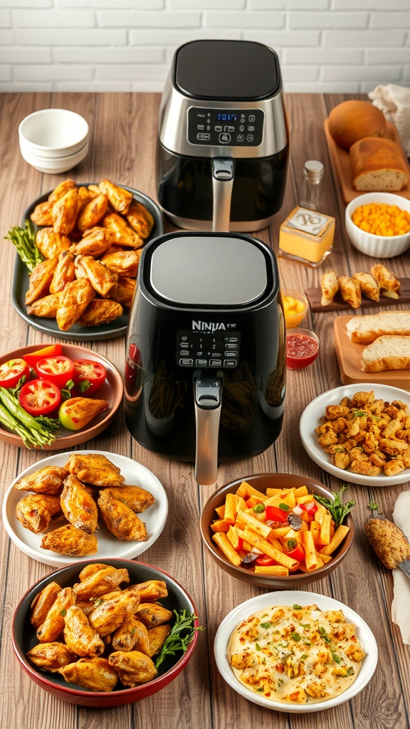 A collection of air-fried dishes including chicken wings, roasted vegetables, and baked pasta on a wooden table.